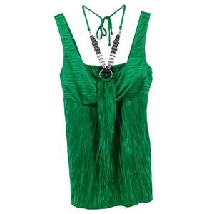 Y2K iZ Byer Green Crinkle Babydoll Satin Going Out Tank Top Halter Womens MD